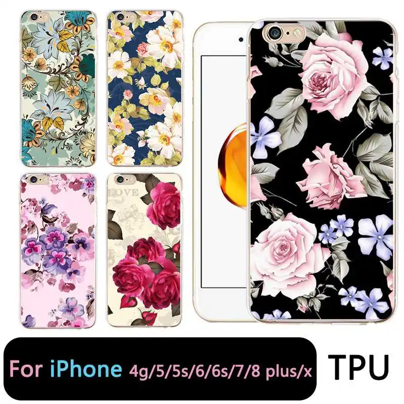 

QMSWEI TPU Clear Phone Case For iPhone 6 6s 7 8plus x Soft Printed Flora Flower Silicone Cover Free shipping For iPhone 4 5se