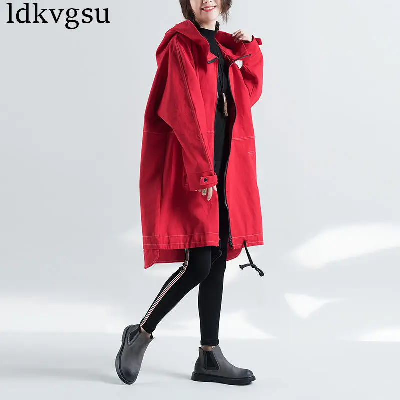 Высокое качество пальто для женщин размера плюс Женская Длинная ветровка Весна Осень женское свободное красное пальто с капюшоном A1355