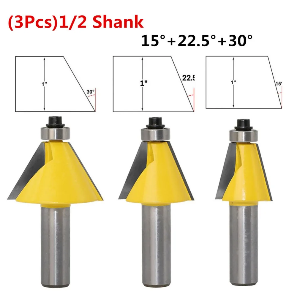 3Pcs 1/2 Shank Milling Cutters 15/22.5/30 Degrees Oblique Knife For