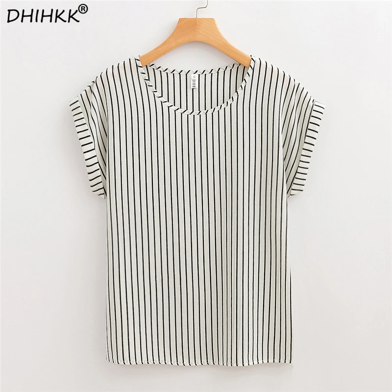 DHIHKK Summer Women White Striped Chiffon Blouses Shirts 2018 New Fashion Short Sleeve O-neck Blouse Women Tops Tee Blusas DHIHKK Summer Women White Striped Chiffon Blouses Shirts 2018 New Fashion Short Sleeve O-neck Blouse Women Tops Tee Blusas