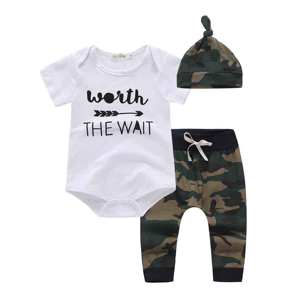 

New 2019 Summer baby boys clothes casual short-sleeved romper pants hat 3pcs newborn ArmyGreen Infant jumpsuit toddler suit