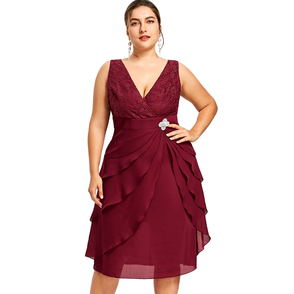 Wipalo Plus Size 5XL Sleeveless Tiered Prom V Neck Low Cut Dress Women ...