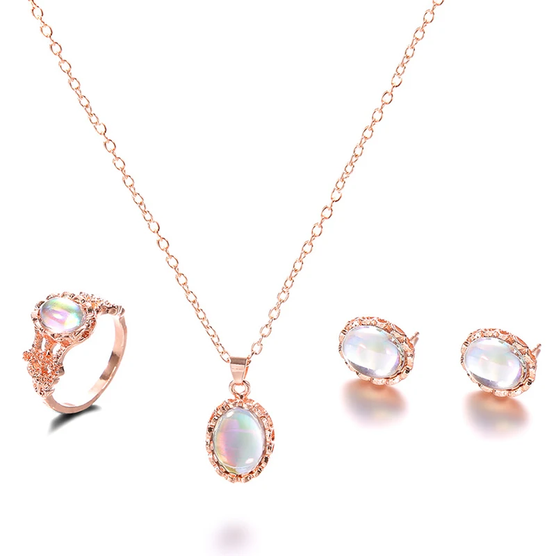 Opal Women Jewelry Sets Stone Pendant Necklaces Choker Water Drop Earrings Ring Gold Color Bohemia Wedding Jewelry Delicate Gift