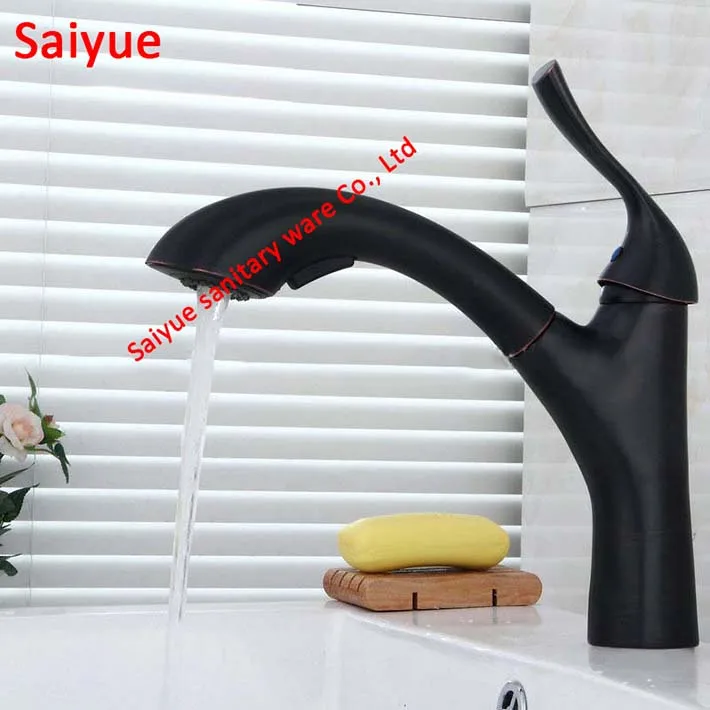 

New Unique design Black Finish Bathroom Sink Faucet Deck Mount Pull Out Dual Sprayer Nozzle Hot Cold Mixer Water Taps ORB mixer
