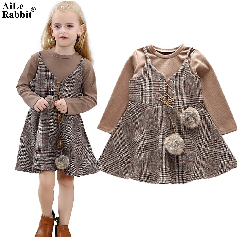 AiLe Rabbit/новая одежда для девочек, платье футболка с длинным рукавом, платье из 2 предметов, сетчатый ремень, уникальный дизайн, модная детская одежда, k1