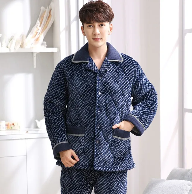 Winter 3 Layers Quilted Pajamas Warm Men Thick Flannel Pajama Sets