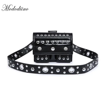 

Mododiino Rivet 2018 Mini Waist Packs Fashion Casual Black Shoulder Bags Multifunction Womens Bags PU Leather Belt Bags DNV0372