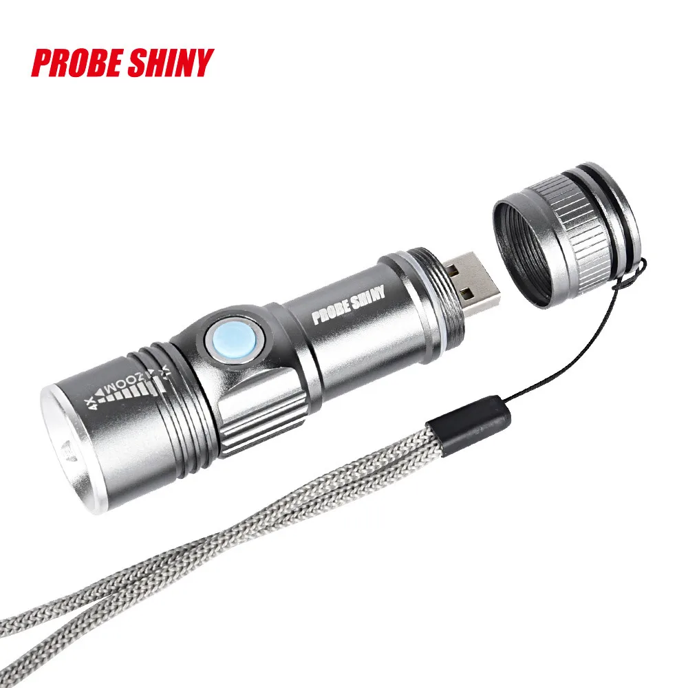 

PROBE SHINY USB Handy Powerful LED Flashlight Rechargeable Torch usb Flash Light Bike Pocket LED Zoomable Lamp For Hunting