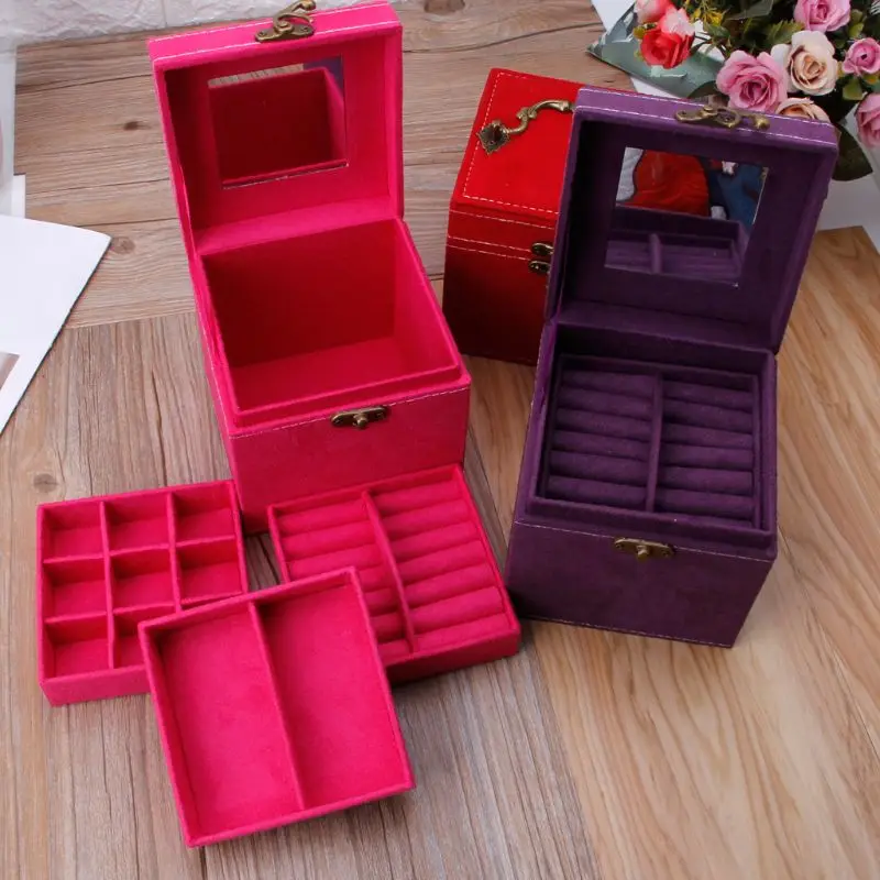 

Portable Three Layer Jewelry Box Earrings Ring Bracelet Storage Hand-Held Boxes