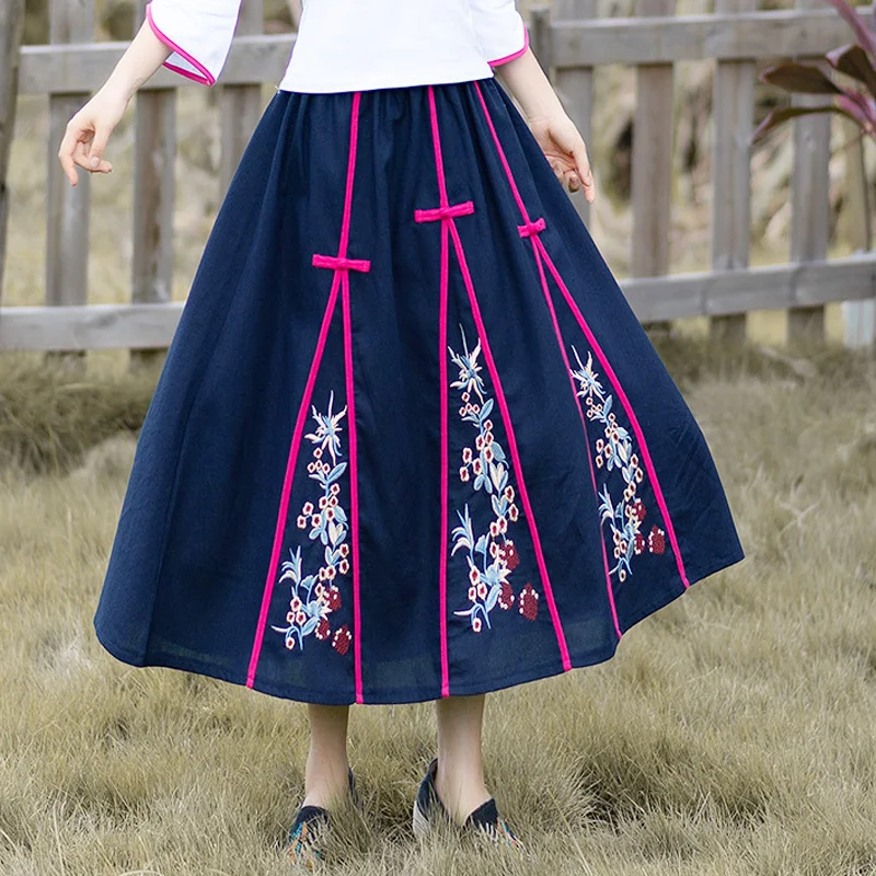 WELIVENICE новинки для женщин хлопок белье национальный ветер Длинная юбка вышитые цветы лук эластичный пояс 2 цвета