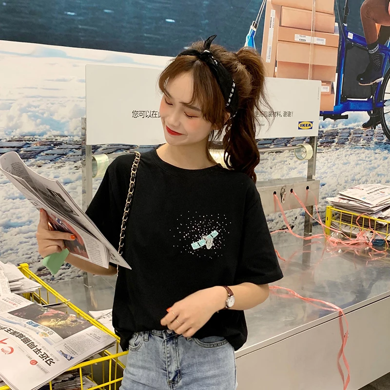 Хлопок Harajuku эстетику футболка Симпатичные, с перьями из мультфильма топы с короткими рукавами и футболки для девочек модная Корейская Повседневное футболка для девочек