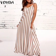 Mulheres Listrado Maxi Vestido Longo Verão 2018 Boho Casual Solto Sexy Decote Em V Sem Mangas Vestidos Plus Size Vestidos de Praia Feminino