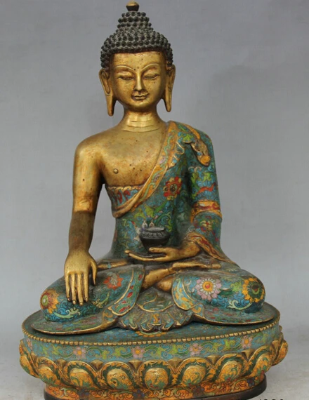 

xd 002572 19" Old Tibet Cloisonne Bronze 24K Gold Shakyamuni Amitabha Buddha Bowl Statue