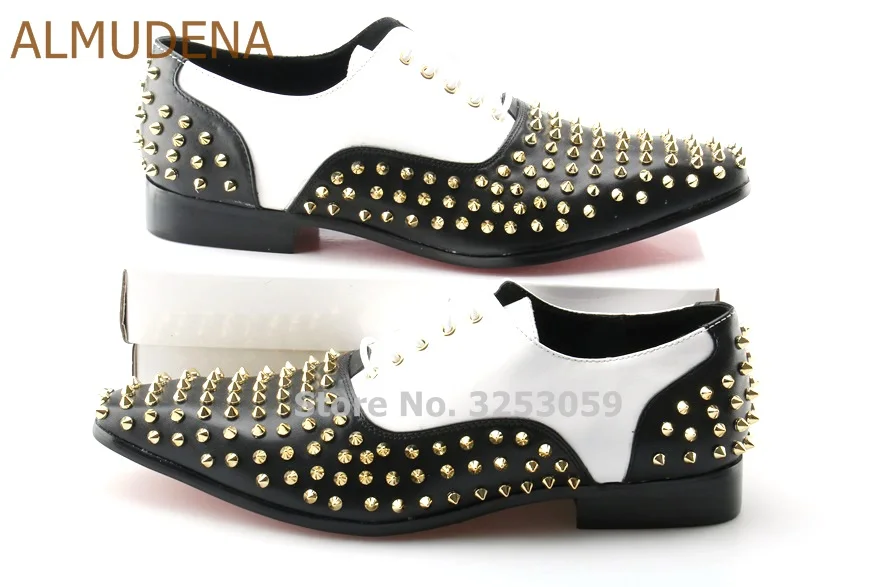 ALMUDENA/высококачественные благородные мужские белые/черные модельные туфли в стиле пэчворк вечерние туфли с золотыми заклепками туфли с шипами, костюмы для жениха EU46