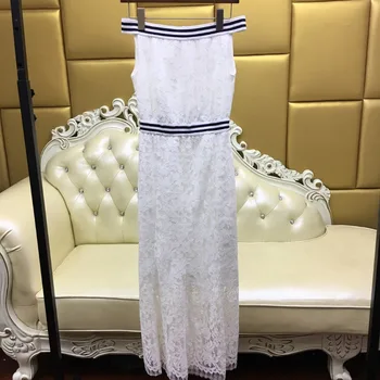 

New fashion elegant summer dress slim long print slash neck cute evening party women's lace dress white vestido