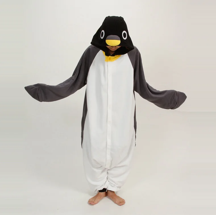 Autumn Winter Cute Cartoon Animal Grey Black Penguin Pajamas Set Adult Unisex Long Sleeve Fleece