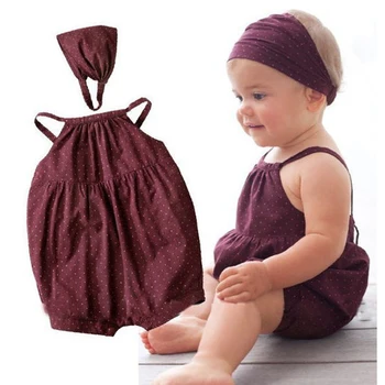 

CN Summer Cute baby jumpsuit Dots Sling Bodysuits + headband 2 pieces 0-2 year old baby girl clothing Sets 60