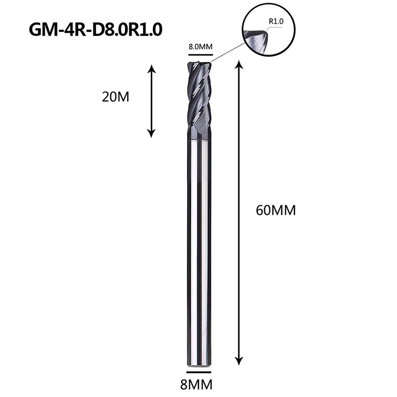 GM-4R Вольфрамовая сталь 4 флейты радиус с угловым покрытием Концевая фреза Фрезерный резак режущие инструменты для обработки металла профиль HRC45 - Длина режущей кромки: GM-4R-D8.0R1.0