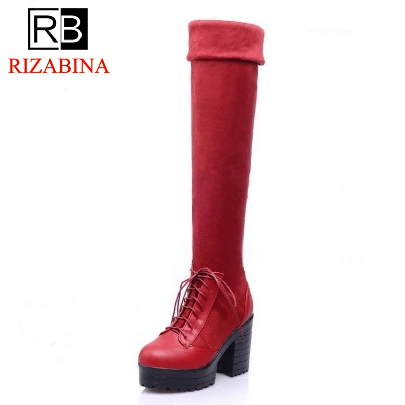 

RizaBina Size 34-43 Women Long Boots Platform Winter Shoes Women Fur Lace Up Thick Heel Ladies over Knee Boots Female Footwear