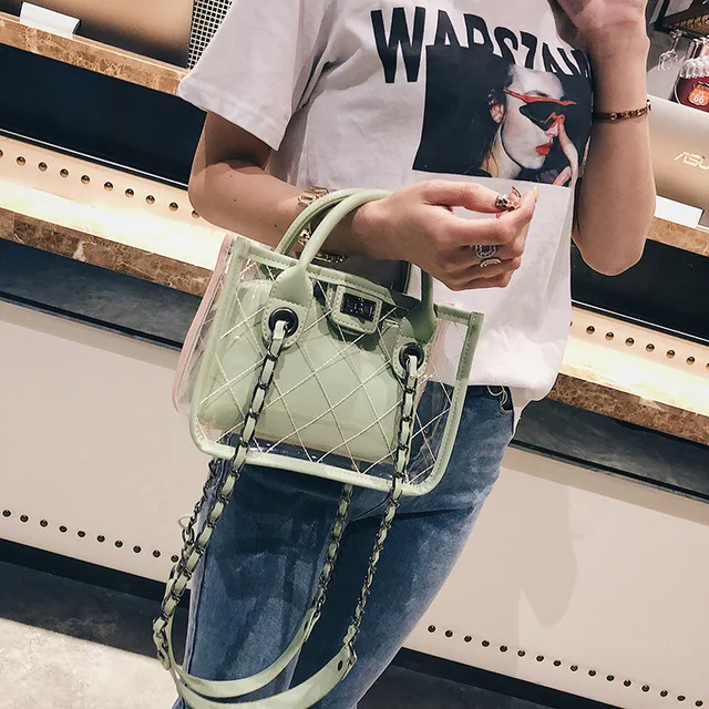 Clear PVC Quilted Tote Women Small Transparent Chain Shoulder Bag Luxury Fashion Female Crossbody PU Shopper Bag Blue Pink Green (10)