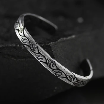 

Antique Titanium Stainless Steel retro silver leaf black Punk Viking bracelet New Design Open Cuff Bangles Jewelry For Men