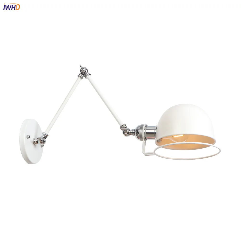 

IWHD White Black Iron Antique Wall Lamp Vintage Bedroom Stair Light Adjustable Swing Long Arm Wall Light Fixtures Edison Style