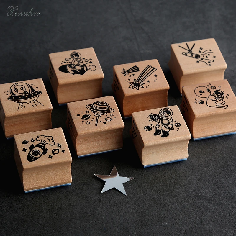 

XINAHER Vintage astronauts aliens series stamp DIY wooden rubber stamps for scrapbooking stationery scrapbooking standard stamp