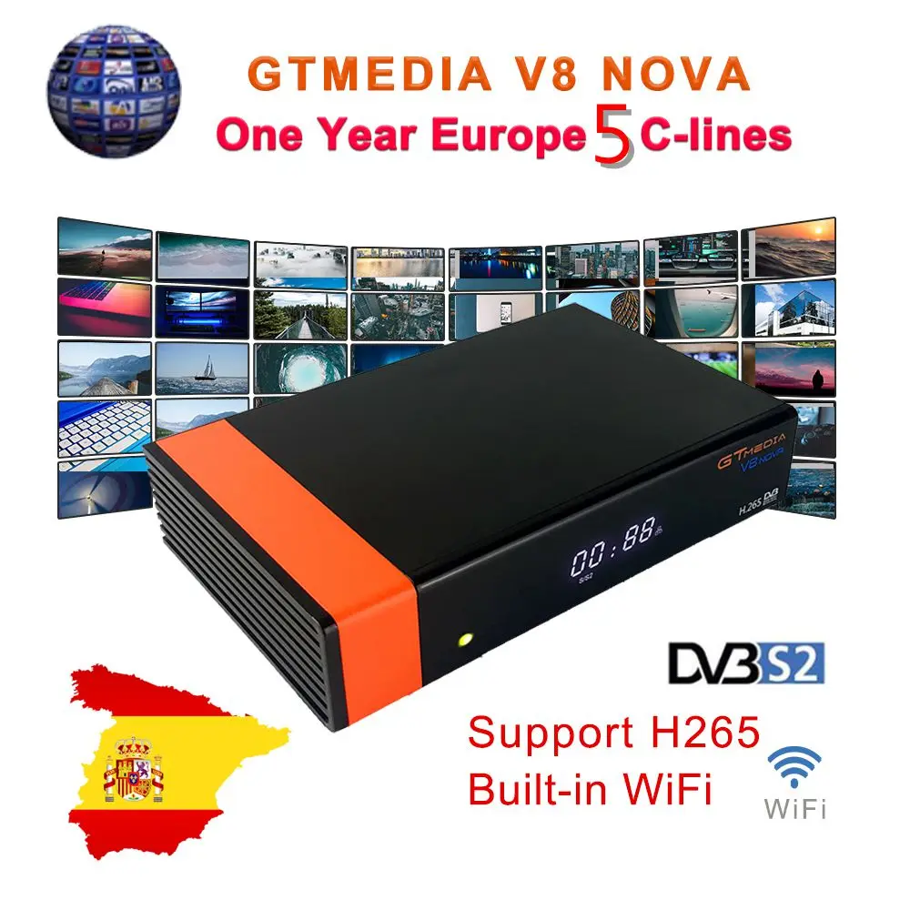 Online GT Media V8 Nova DVB S2 Satellite Receiver Freesat V8 Super New Version H.265 Buil In WIFI+1Year Europe Ccam Sat TV Box Decoder