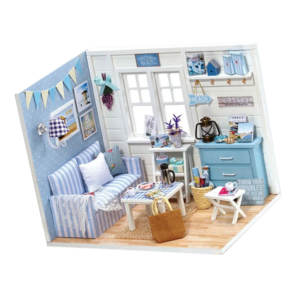 1/24 DIY Wooden Dolls House Miniature Fresh Sunshine Living Room Dollhouse Kits with Furniture Model, for Ages 6+ Birthday Gift