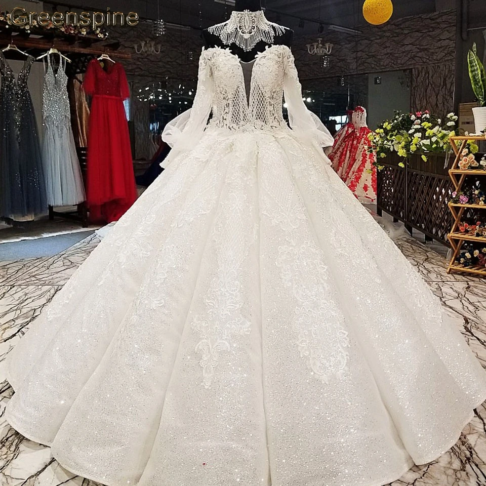 Greenspine Vestidos De Novia блестящее свадебное платье с длинным рукавом, свадебные платья с декольте, длиной до пола, на заказ