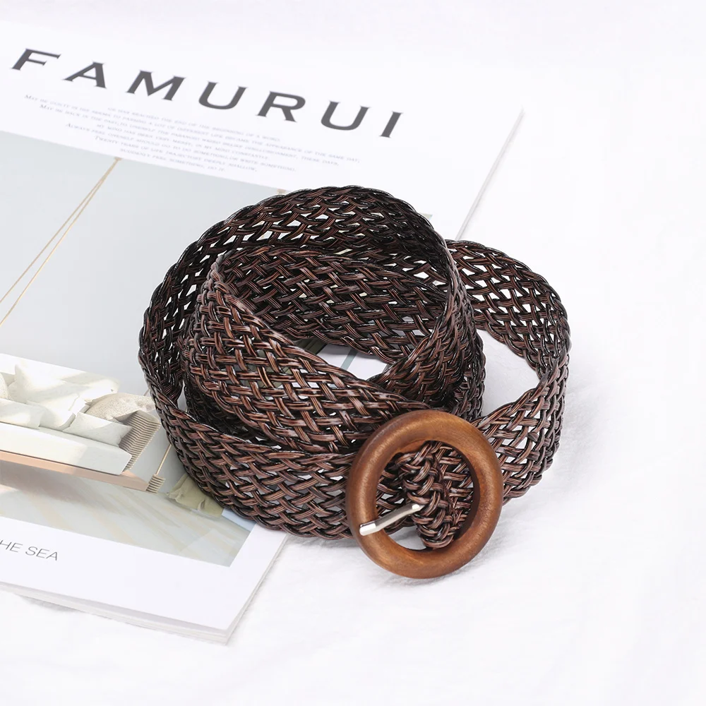 

Summer Fashion Woman Braided Belts Round Wooden Buckle Designer Waist Strap Ladies Black White Boho Punk Fake Straw Plastic Belt