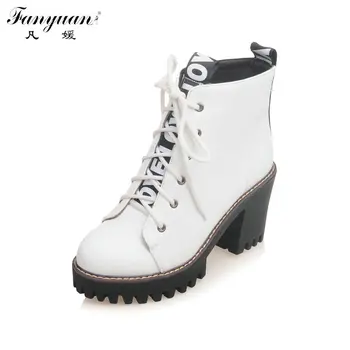 

2017 Autumn Winter Square High Heel Woman Ankle Riding Boots Lace-Up with Letters Round Toe Short Boots