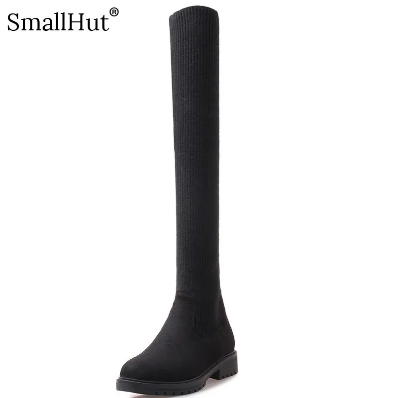 

Over the Knee High Boots Flock New 2019 Women Autumn Round Toe Ladies Low heel Square heel E106 Woman Black Winter Rubber Shoes