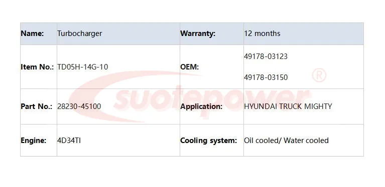 Suotepower Турбокомпрессор TD05H-14G-10 28230-45100 49178-03150 4917803123 для Hyundai грузовик Mighty II с двигателем 4D34TI