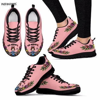 

INSTANTARTS Cartoon ICU Nurse Pattern Pink Women's Running Shoes Breath Light Lace Up Sneakers Outdoor Athletic Mesh Sport Shoes
