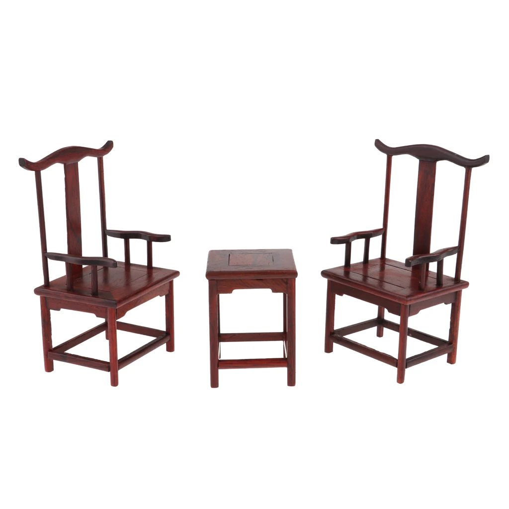  1:6 Dollhouse Solid Rosewood Miniatures Furniture Wooden Tea Table and Two Armchairs Home Decor