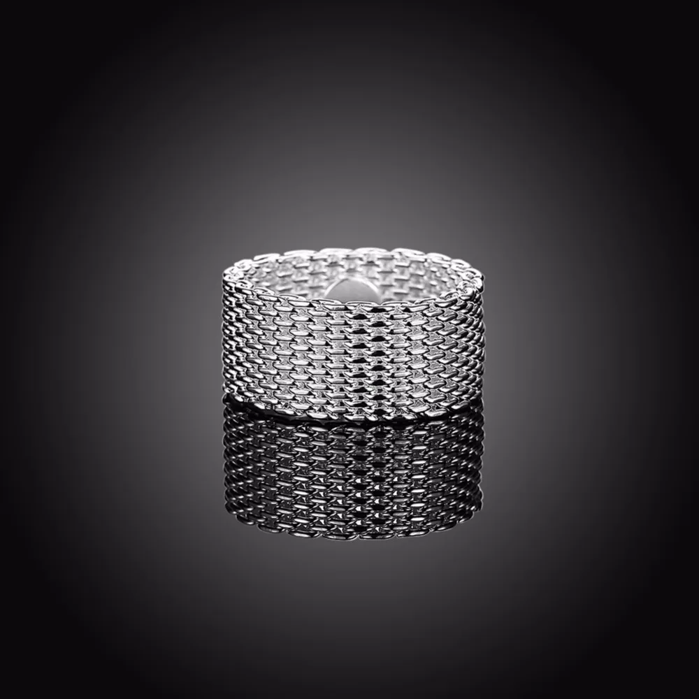Новое модное серебряное кольцо шириной 9 мм. Женское кольцо с покрытием из серебра 925 пробы, плетеное Сетчатое кольцо. Персонализированные серебряные ювелирные изделия оптом