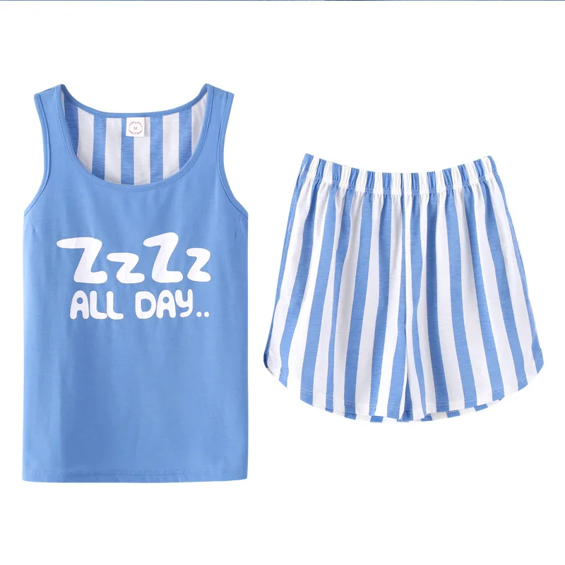 Summer 2018 Tank Top Striped Pajamas Women Girls Pajama Set Elastic