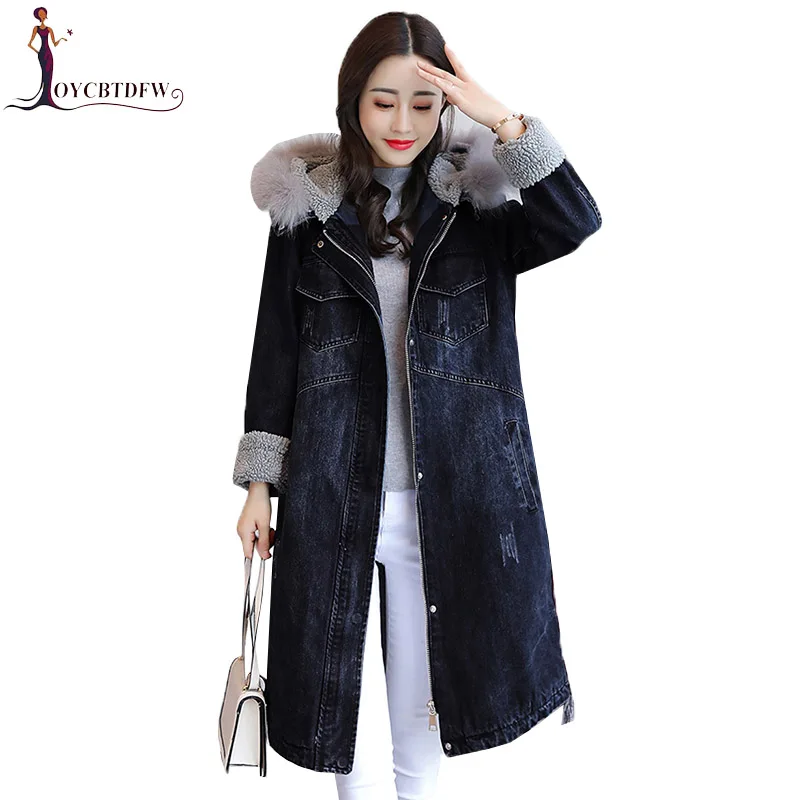 

Winter Denim Parkas Women Large size S-3XL Mediun long Loose Warm Denim Jacket 2018 New Fur collar Hooded Female Outerwear XY566