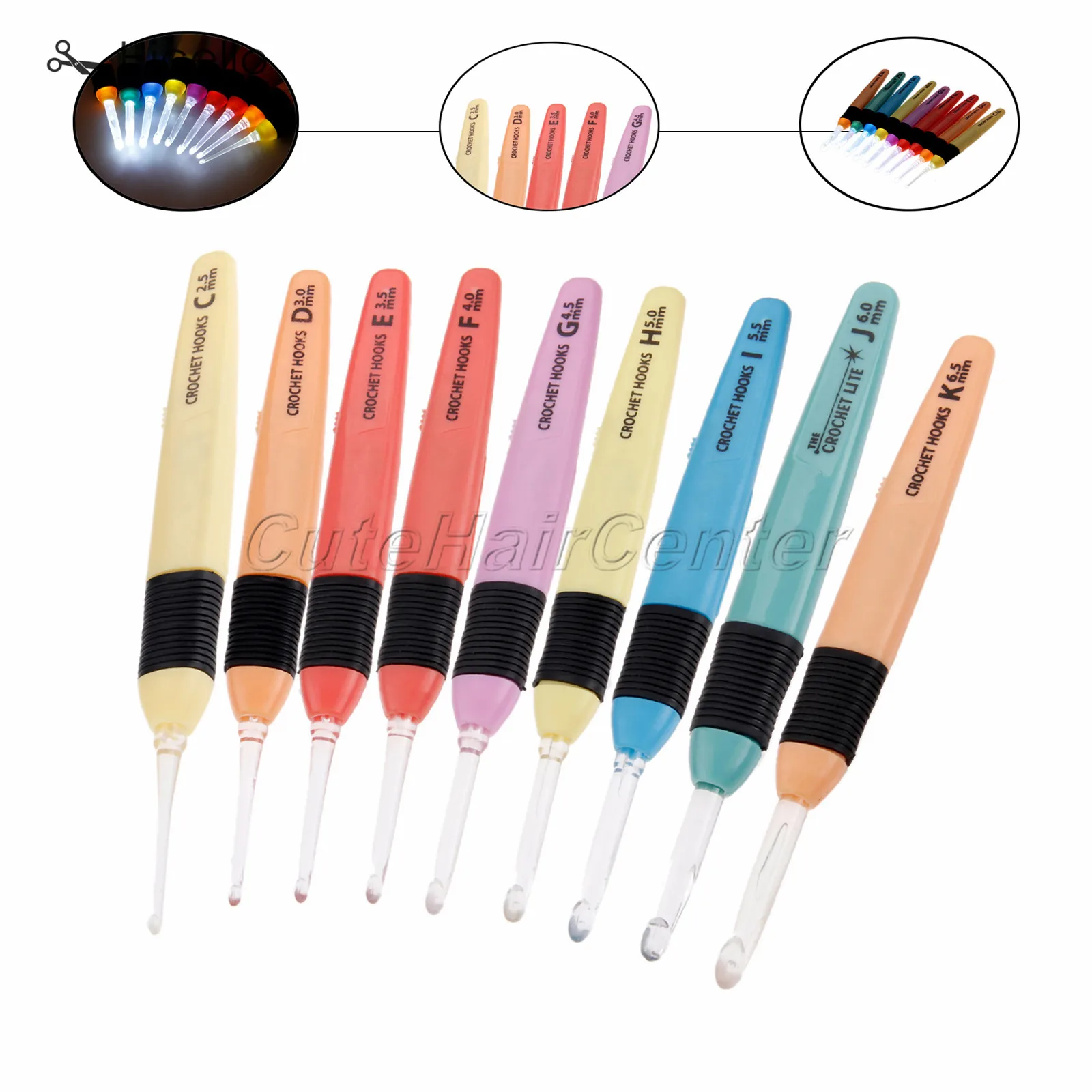 

LED Light Crochet hook Knitting Needle Sewing Tools 2.5/3/3.5/4/4.5/5/5.5/6/6.6 mm Plastic Handle Colorful style Hicello