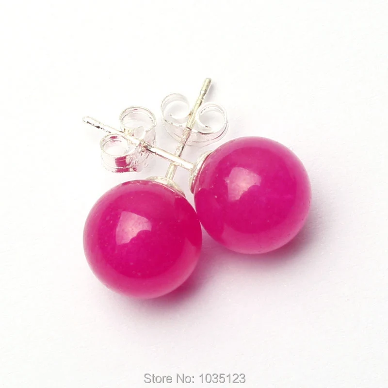 

Free Shipping 10mm Pretty Smooth Round Shape Natural Fuchsia Color Stone Vogue Sterling Silver Earrings 1 pair w2817