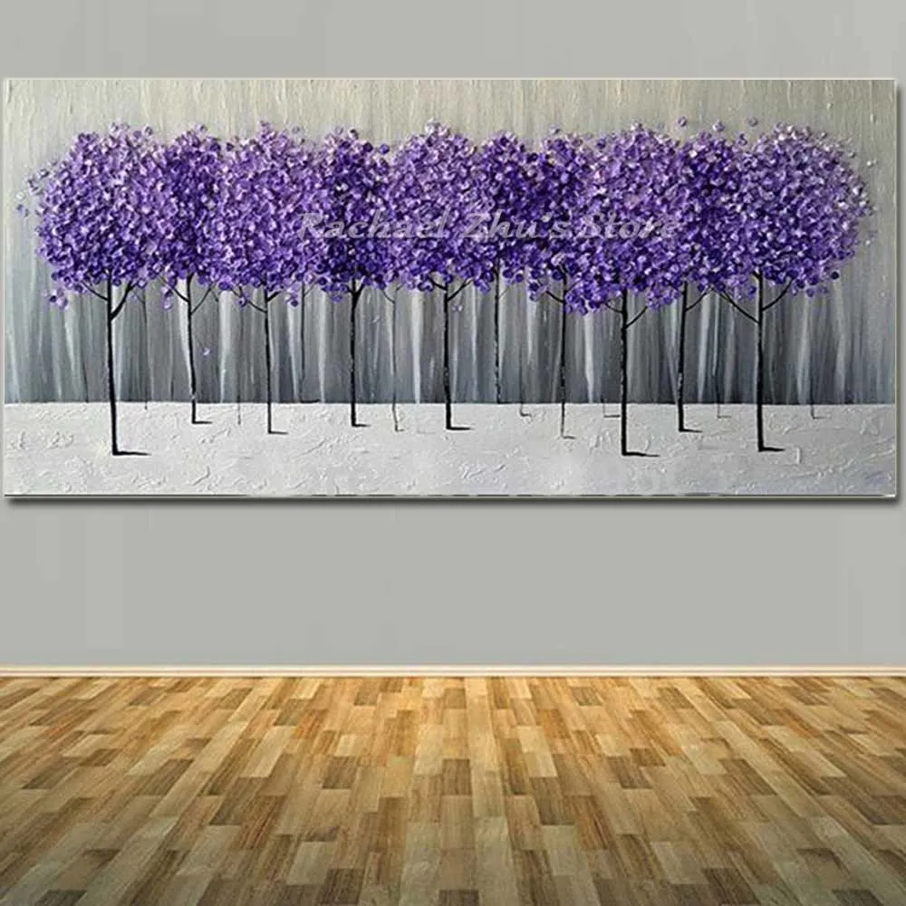 

Hand Painted Abstract Purple Tree Landscape Thick Textured Oil Painting On Canvas Wall Picturs Living Room Home Wall Art Decor