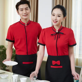 

Hotel Uniform Spring Summer Restaurant Waitress Uniforms Overalls Short Sleeved Half Sleeve Apron Cafe Workers Work Suits J048