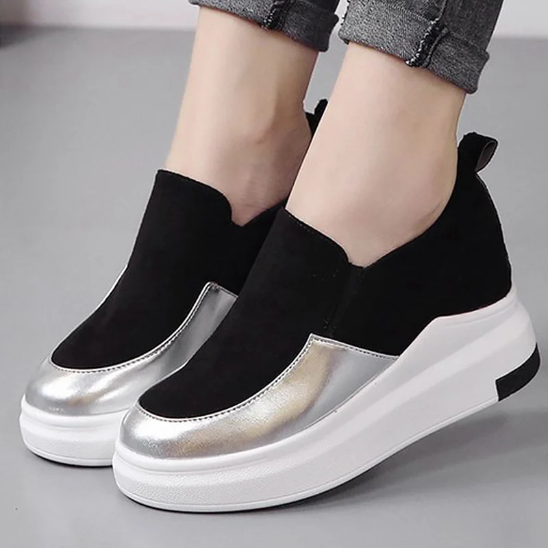 Black casual shoes for women Patchwork Slip-on Wedge sneakers for girls Fashion Shallow Lazy shoes woman Antiskid