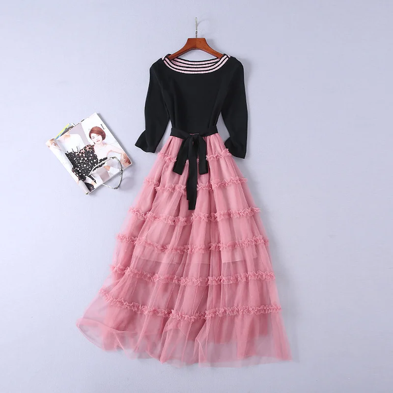 

2019 Spring Women Knitted Black Top Pink Mesh Patchwork Elegant Dresses Slash Neck 3/4 Sleeve Ruched Ruffles Long Dress Jc2949