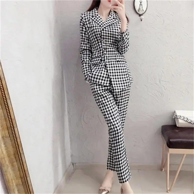 plaid Women Suit Sets Blazer &amp 9 points pants Work Pants Suits 2 Piece Office Lady Outfits summer New 2018 | Женская одежда