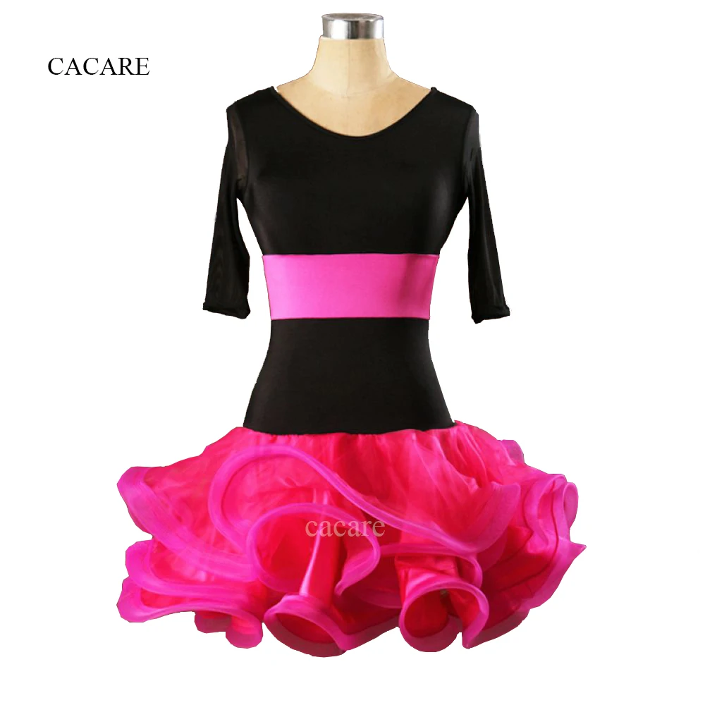 

CACARE Latin Dance Dress Women Adult Kids Costume Salsa Standard Dance Dresses 2 Choices D0229 1/2 Sleeve Fluffy Sheer Hem