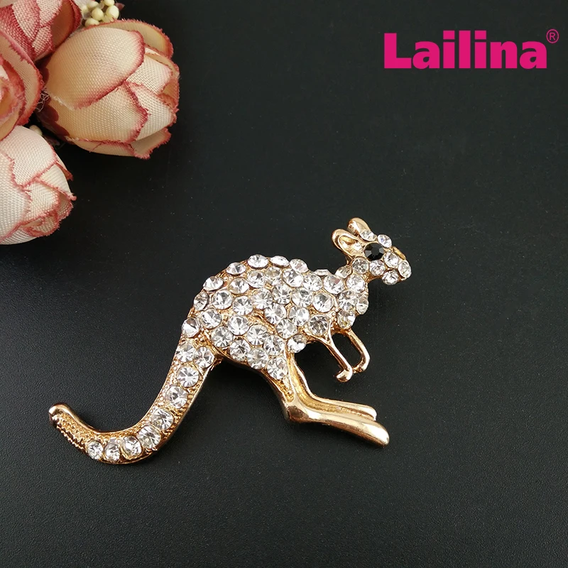 50pcs/lot Crystal Kangaroo Brooch Pins Gold Metal Animal Brooches for