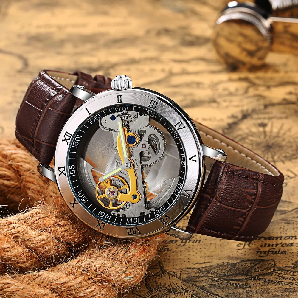 luxury mechanical watch cheap Luxury Brand WOONUN Leather Strap Transparent Dial Golden Case Mens Watches Automatic Mechanical Orologio Men mechanical watch movement