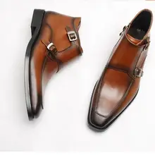 Двойные пряжки мужские из натуральной Кожаные модельные туфли полуботинки со шнуровкой Демисезонный модные зимние армейские резные Дерби сапоги